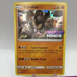 Pokemon Company Terrakion Unified Minds Staff Prerelease Promo Holo SM205 NM - Image 1