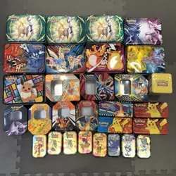 Pokemon TCG Empty Metal Tins Storage Box Mini Collector Chest Mixed Lot Of 28 - Image 1