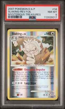 2007 POKEMON DIAMOND & PEARL MYSTERIOUS TREASURES #34 SLAKING-REVERSE FOIL PSA 8 - Image 1