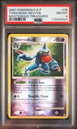2007 POKEMON D&P MYSTERIOUS TREASURES #36 TOXICROAK-REVERSE FOIL PSA 8 - Image 1
