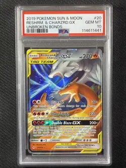 Pokemon Card PSA 10 Reshiram & Charizard GX Unbroken Bonds Tag Team S&M 20/214 - Image 1