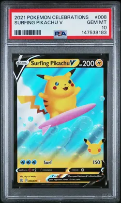 2021 POKEMON CELEBRATIONS #008 SURFING PIKACHU V PSA 10 - Image 1
