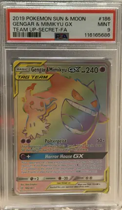 Pokemon Gengar & Mimikyu GX Sun & Moon Team Up Secret Rare Holo 186/181 PSA 9 - Image 1