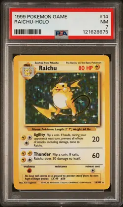 1999 POKEMON BASE SET UNLIMITED #14 RAICHU-HOLO PSA 7 - Image 1