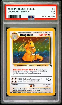 1999 POKEMON FOSSIL #4 DRAGONITE-HOLO PSA 7 - Image 1