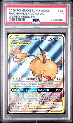 [PSA 1] Raichu & Alolan Raichu GX 221/236 Unified Minds Alternate Art POKEMON - Image 1