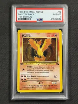 Pokemon Cards PSA 8 NM-MT Moltres 1st Edition Fossil Set Holo 1999 WotC 12/62 - Image 1