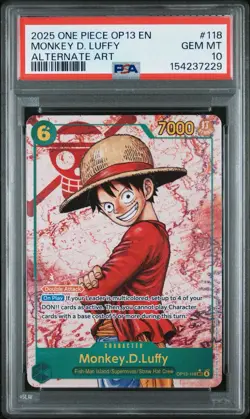 2025 ONE PIECE MONKEY D. LUFFY OP13-118 SEC ALT ART PSA 10 💎 ENGLISH CARD - Image 1