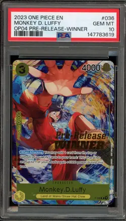 One Piece CCG Monkey.D.Luffy Pre-Release Winner P-036 PSA 10 Gem Mint - Image 1