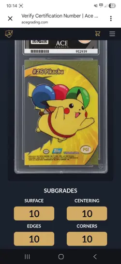 2000 - Pikachu - Topps Pokemon Series 2 - PC1 - Clear ACE 10 Perfect Sub Grades - Image 3