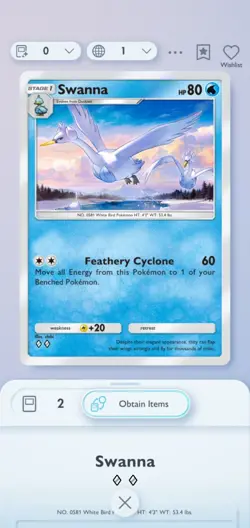 Pokemon Pocket Mobile Game Wisdom Of Sea And Sky Set Swanna ◇◇ Rare Digital Card - Image 1