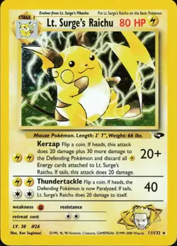2000 Lt. Surge's Raichu 11/132 Gym Challenge Holo NM SUPER CLEAN Pokemon - Image 1