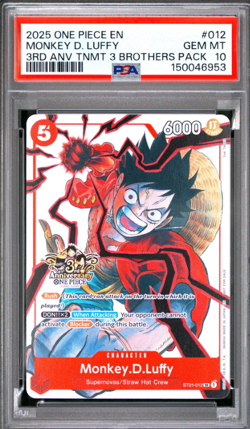 2025 ONE PIECE 3RD ANNIVERSARY TOURNAMENT 3 BROTHERS #012 MONKEY D LUFFY PSA 10 - Image 1