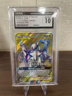 2019 Pokemon SM Cosmic Eclipse Arceus Dialga Palkia Tag Team #220/236 CGC 10 - Image 1