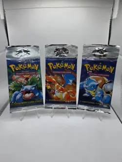 1999 Pokemon Base Set Unlimited Long Crimp Booster Pack Factory Art Set 3 Packs - Image 1