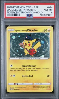 PSA 8 Special Delivery Pikachu SWSH074 Pokemon Centre Canada Promo Holo POKEMON - Image 1
