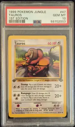 PSA 10 - 1999 Pokemon Jungle 1st Edition Tauros #47/64 - GEM MINT! - Image 1