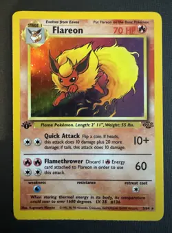 1st Edition Holo Flareon Card - Ungraded LP- Jungle 3/64 - Wizards WOTC 1999 - Image 1