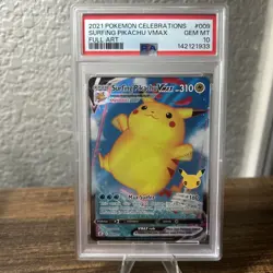 2021 POKEMON CELEBRATIONS #009 FULL ART/SURFING PIKACHU VMAX PSA 10 - Image 1