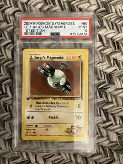 PSA 9 MINT Lt. Surge's Magnemite 1st Edition Gym Heroes Pokemon Card 80/132 - Image 1