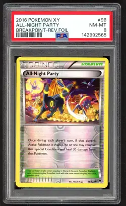Pokemon Cards - PSA 8 Trainer All-Night Party 96/122 - Breakpoint Reverse Foil - Image 1
