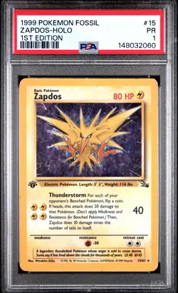 1999 POKEMON FOSSIL 1ST EDITION #15 ZAPDOS-HOLO PSA 1 - Image 1