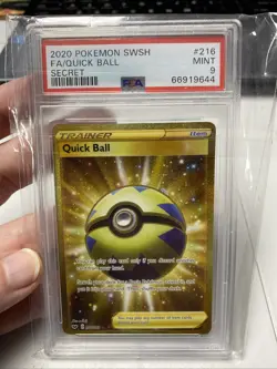 DW PSA 9 QUICK BALL TRAINER #216 POKEMON SWSH SECRET GOLD FULL ART MINT - Image 1