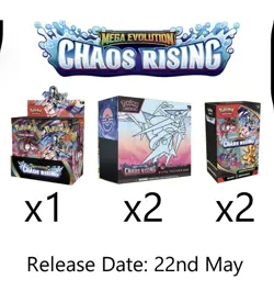 PRESALE Pokemon Chaos Rising Bundle 1 Booster Box, 2 PC ETB’s & 2 Booster Bundle - Image 1