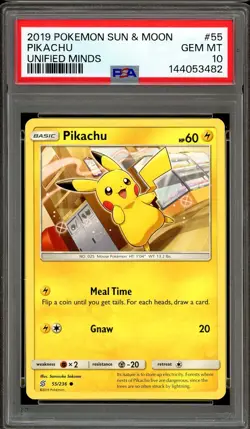 Pokemon TCG Sun & Moon Unified Minds #55 Pikachu PSA 10 Low Pop - Image 1