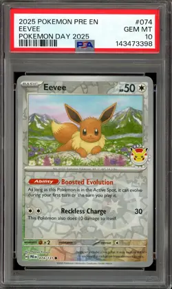 Pokemon TCG SV Prismatic Evolutions #074 Eevee Pokemon Day Cosmos PSA 10 - Image 1