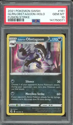 Pokemon TCG Sword & Shield Fusion Strike #161 Galarian Obstagoon Holo PSA 10 - Image 1