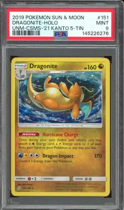Pokemon TCG Sun & Moon Kanto 5 Tins #151 Dragonite Cosmos Holo PSA 9 MINT - Image 1
