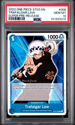 2022 ONE PIECE ST03-008 SUPER PRE RELEASE TRAFALGAR LAW PSA 10 GEM MINT - Image 1