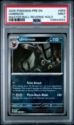 2025 POKEMON PRE EN-PRISMATIC EVOLUTIONS MASTER BALL REVERSE HOLO UMBREON PSA 9 - Image 1