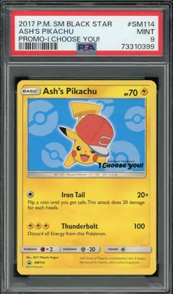 2017 PSA 9 Pokemon Ash's Pikachu I Choose You SM114 Black Star Promo Card Mint - Image 1