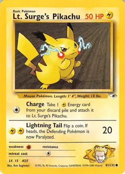 Lt. Surge's Pikachu 81/132 Common Gym Heroes Pokemon Unlimited Lightly Played - Image 1