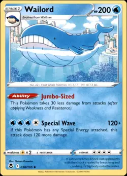 Pokemon - 2X Wailord #038/195 - SWSH12: Silver Tempest Uncommon - Image 1