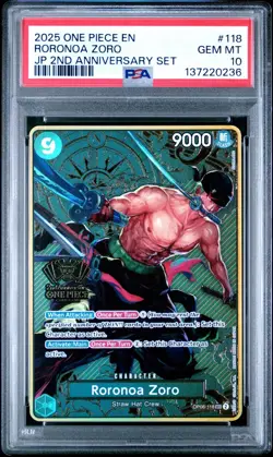 2025 ONE PIECE OP06-118 JAPANESE 2ND ANNIVERSARY SET RORONOA ZORO ENG PSA 10 - Image 1