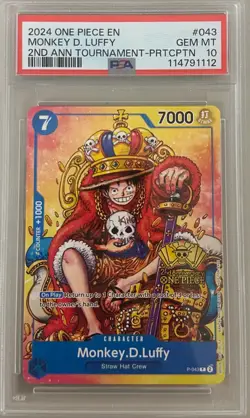 ONE PIECE MONKEY D. LUFFY 2024 PROMOS 2ND ANN TOURNAMENT-PRTCPTN #043 PSA 10 - Image 1
