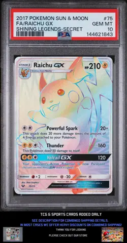 POKEMON SHINING LEGENDS RAICHU GX #75 SECRET RARE HOLO PSA 10 GEM MINT - Image 1