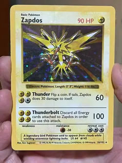 POKEMON ZAPDOS 16/102 SHADOWLESS HOLOFOIL BASE SET HP CARD SEE PICS - Image 1