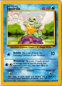 Pokemon Card - Squirtle 63/102 Base Set Unlimited Common Moderately Played - Image 1