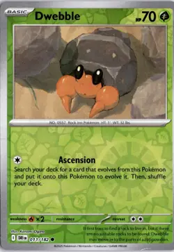 Dwebble 011/182 Reverse Holo SV10: Destined Rivals Pokemon Card TCG - Image 1