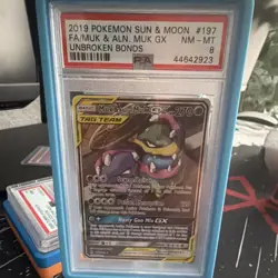 Pokemon 2019 SM Unbroken Bonds Muk & Alolan Muk GX TAG TEAM Holo PSA 8 W/guard - Image 1