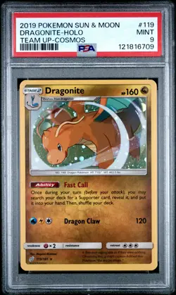 2019 POKEMON SUN & MOON TEAM UP COSMOS #119 DRAGONITE-HOLO PSA 9 - Image 1