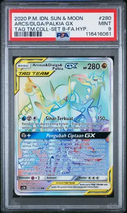 Arceus Dialga Palkia GX 280 Secret Rainbow Pokemon Card Indonesian PSA 9 Mint - Image 1
