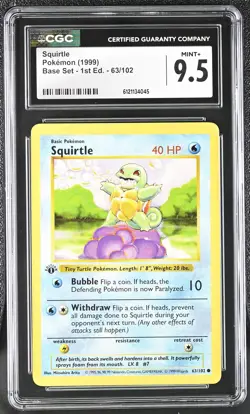 CGC 9.5 MINT+ Squirtle 1999 Base Set Shadowless 1st Edition 63/102 Pokemon Card - Image 1