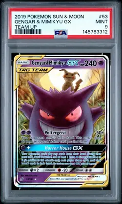 2019 POKEMON SUN & MOON TEAM UP #53 GENGAR & MIMIKYU GX PSA 9 - Image 1