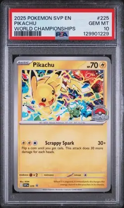 2025 POKEMON SVP EN-SV BLACK STAR PROMO WORLD CHAMPIONSHIPS #225 PIKACHU PSA 10 - Image 1