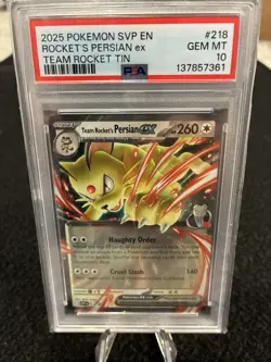 Pokemon Team Rocket's Persian ex 218 PSA 10 + 2025 Team Rocket Tin Promo - Image 1